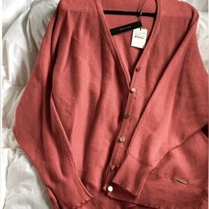 Tahari (Lg) Coral Ribbed Cozy Feminine Pink Cucoon Button-up Cardigan Sweater